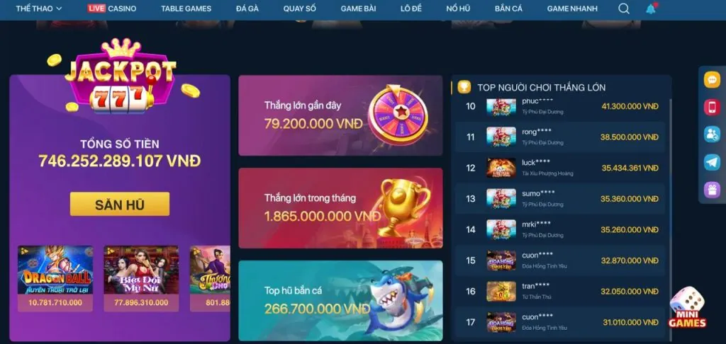 Trò chơi nổ hũ Jackpot lũy tiến với số tiền thưởng khổng lồ